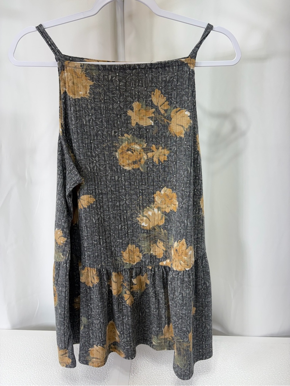 Maurices Charcoal Floral Spaghetti-Strap Tunic with Mustard Blooms 3286